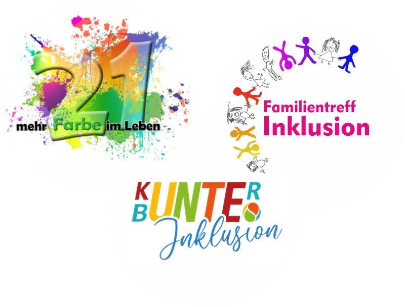 Logos der drei Initiativen: 21 mehr Farbe im Leben, Familientreff Inklusion, Kunterbunte Inklusion e.V.